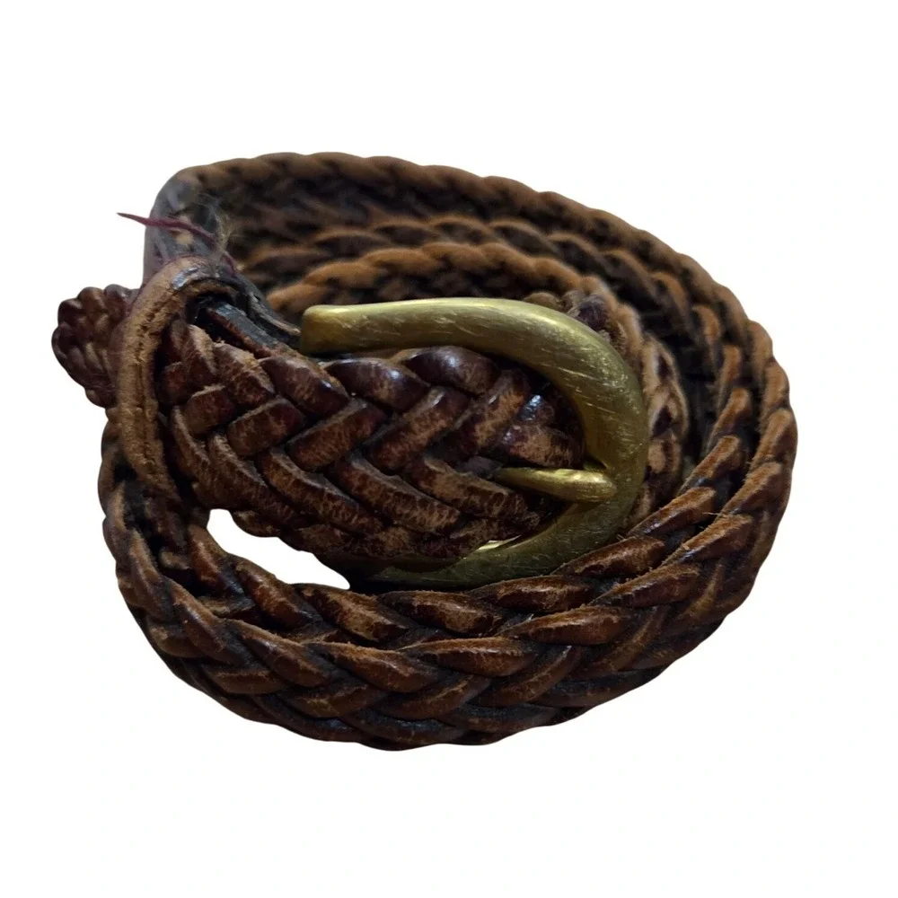 Brighton Brown Braided Leather Belt 34 Woven Brass Buckle Butter Mom Preppy Boho
